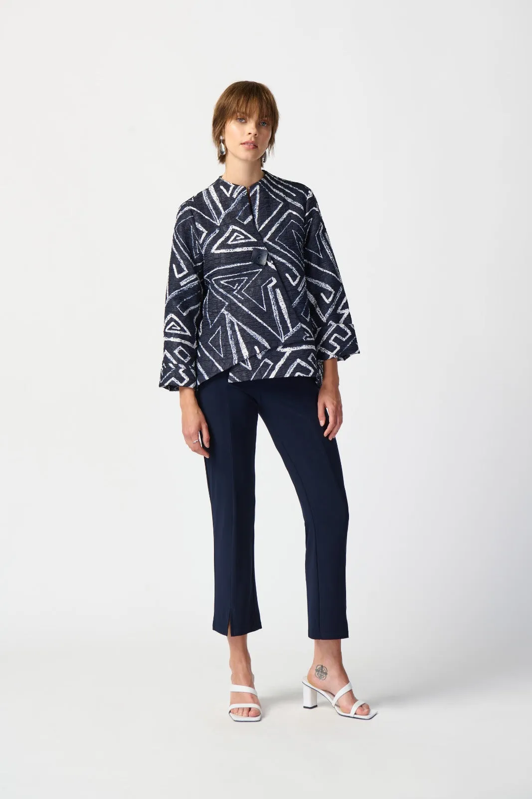 Joseph Ribkoff Midnight Blue/Vanilla Geometric Print Swing Jacket Style 241291